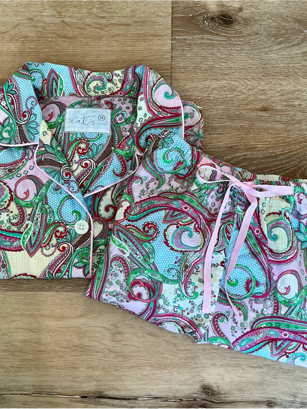 The Cat's Pajamas Set Button Up Shirt Pants Paisley Cotton